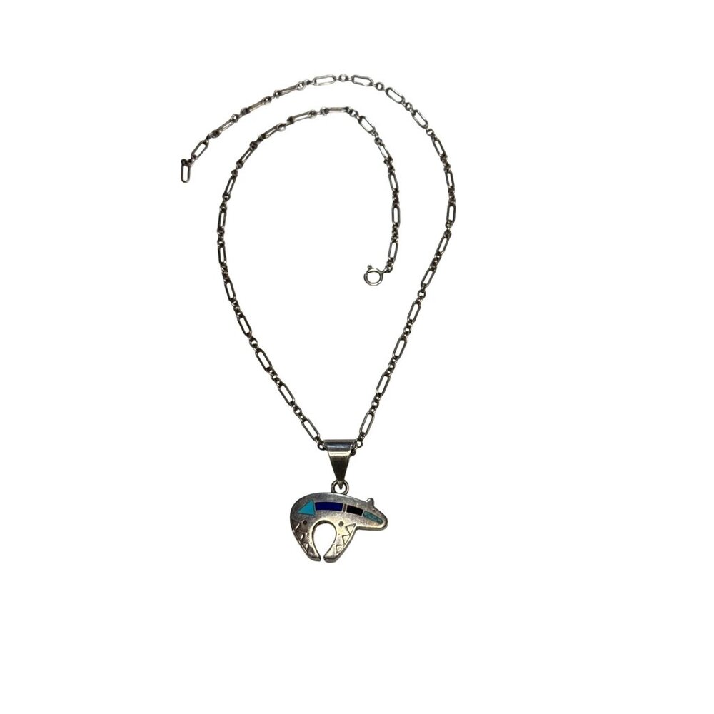 Vintage Native American Sterling Silver Bear Fetish Pendant Necklace Inlay Turqu